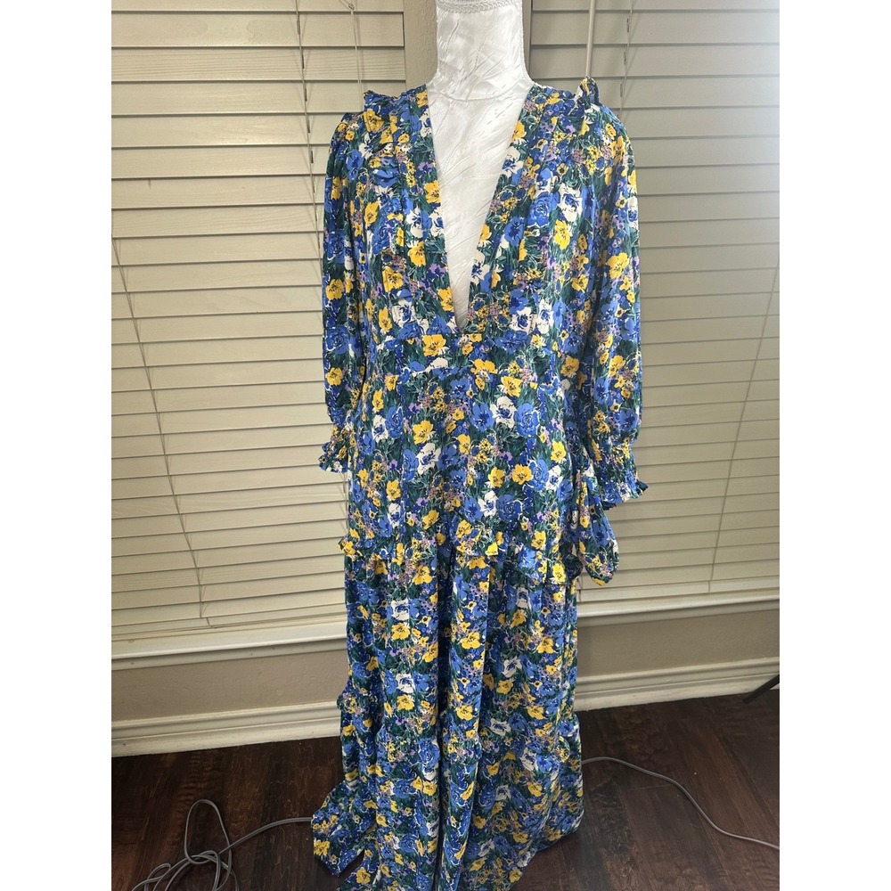 Code X Mode Maxi Dress Women XL Blue Floral Ruffle Boho Tiered Cottage Prairie